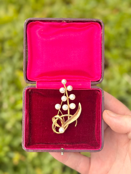 Akoya Pearl Spray Brooch 14ct Yellow Gold | Late 20th Century