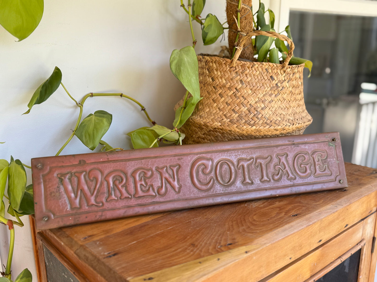 Vintage 1940s Copper House Name Plate Sign – “Wren Cottage” by G.G.