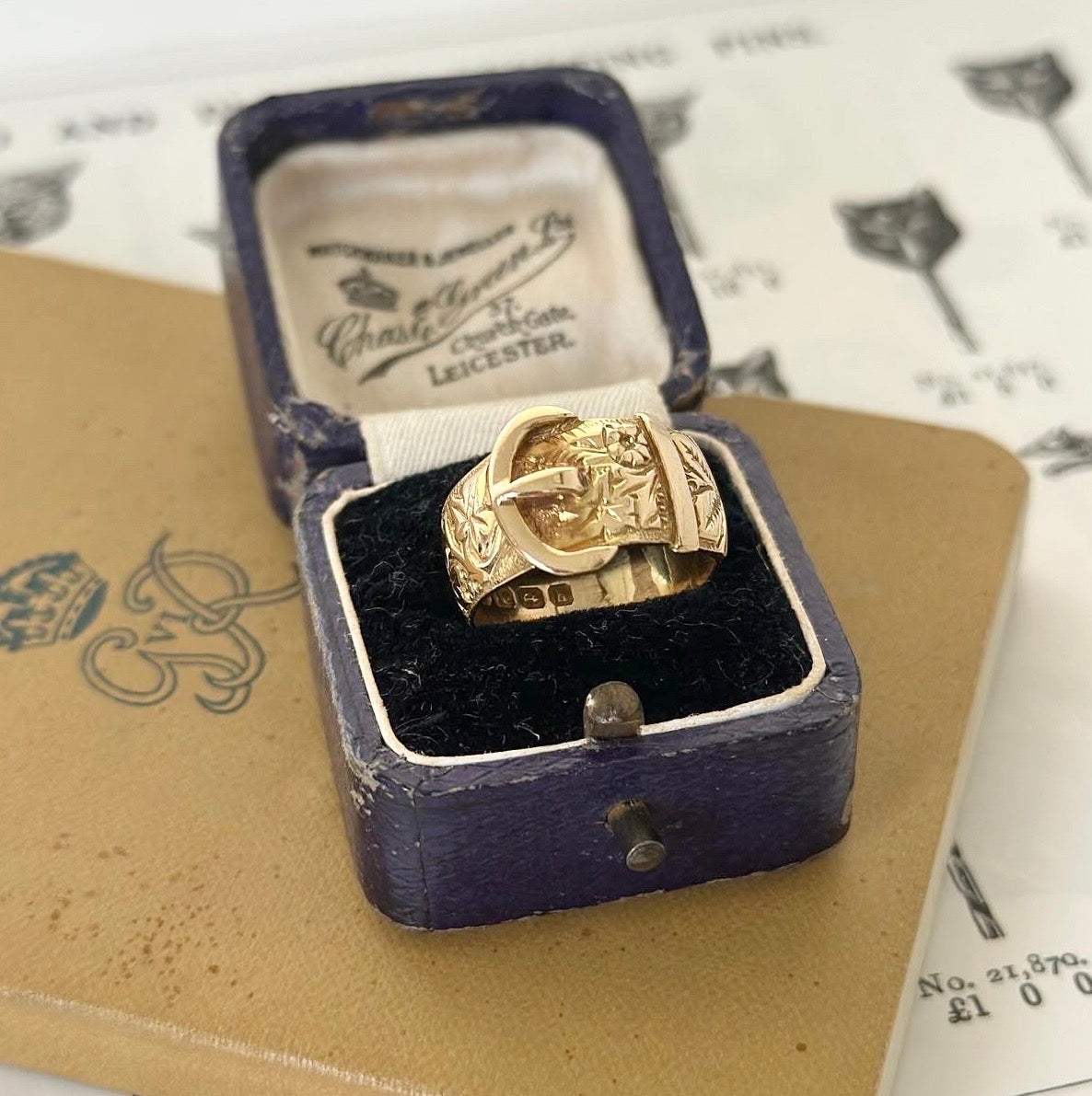 18ct Solid Buckle Ring | Antique, Hand Engraved