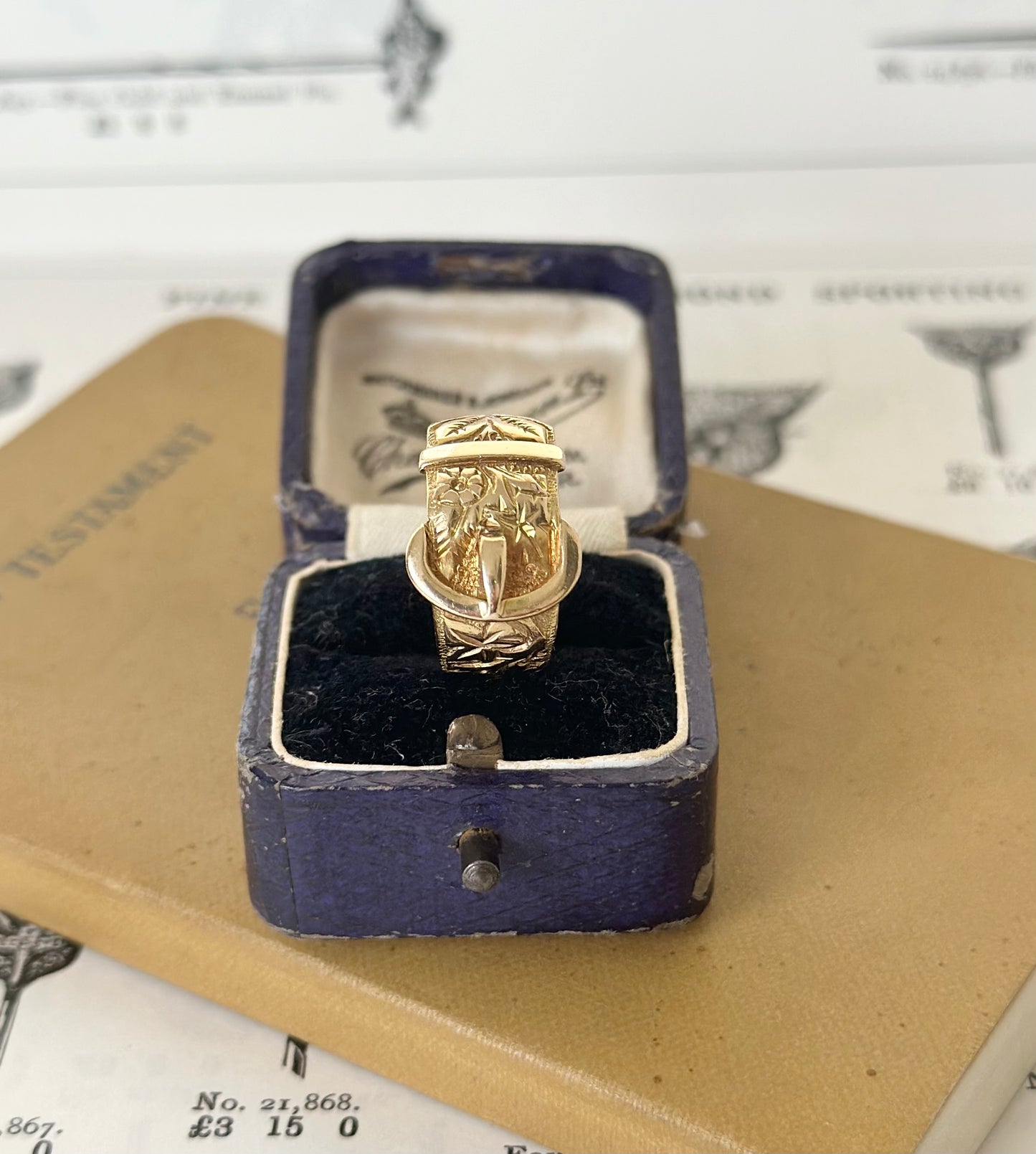 18ct Solid Buckle Ring | Antique, Hand Engraved