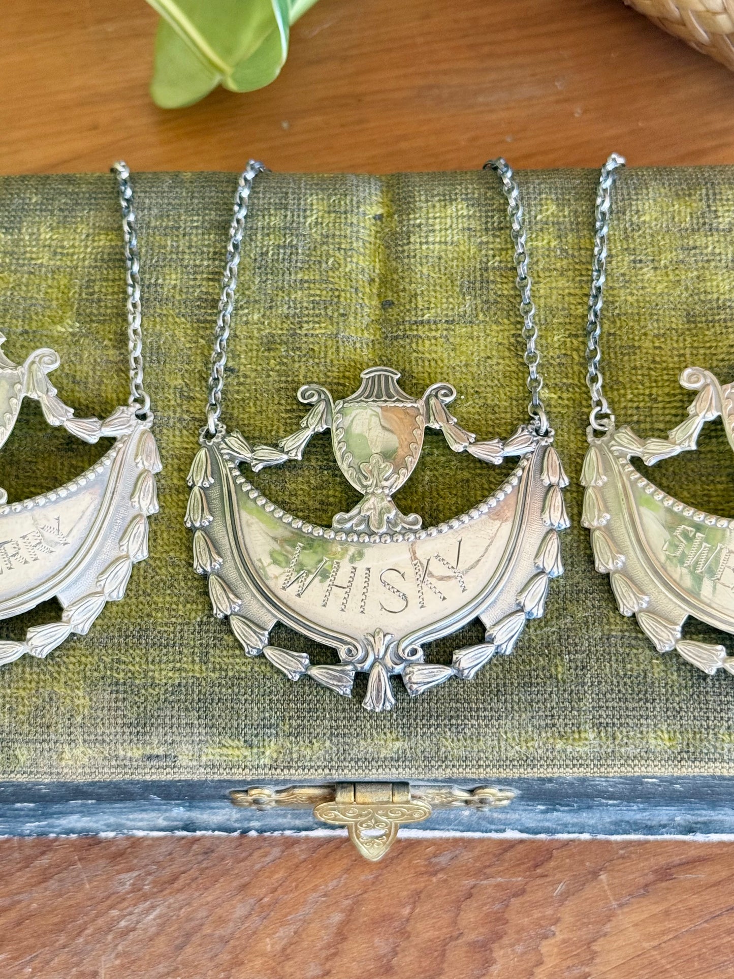 Set of engraved sterling silver bottle tags | Dry Sherry, Whiskey, Sweet Sherry