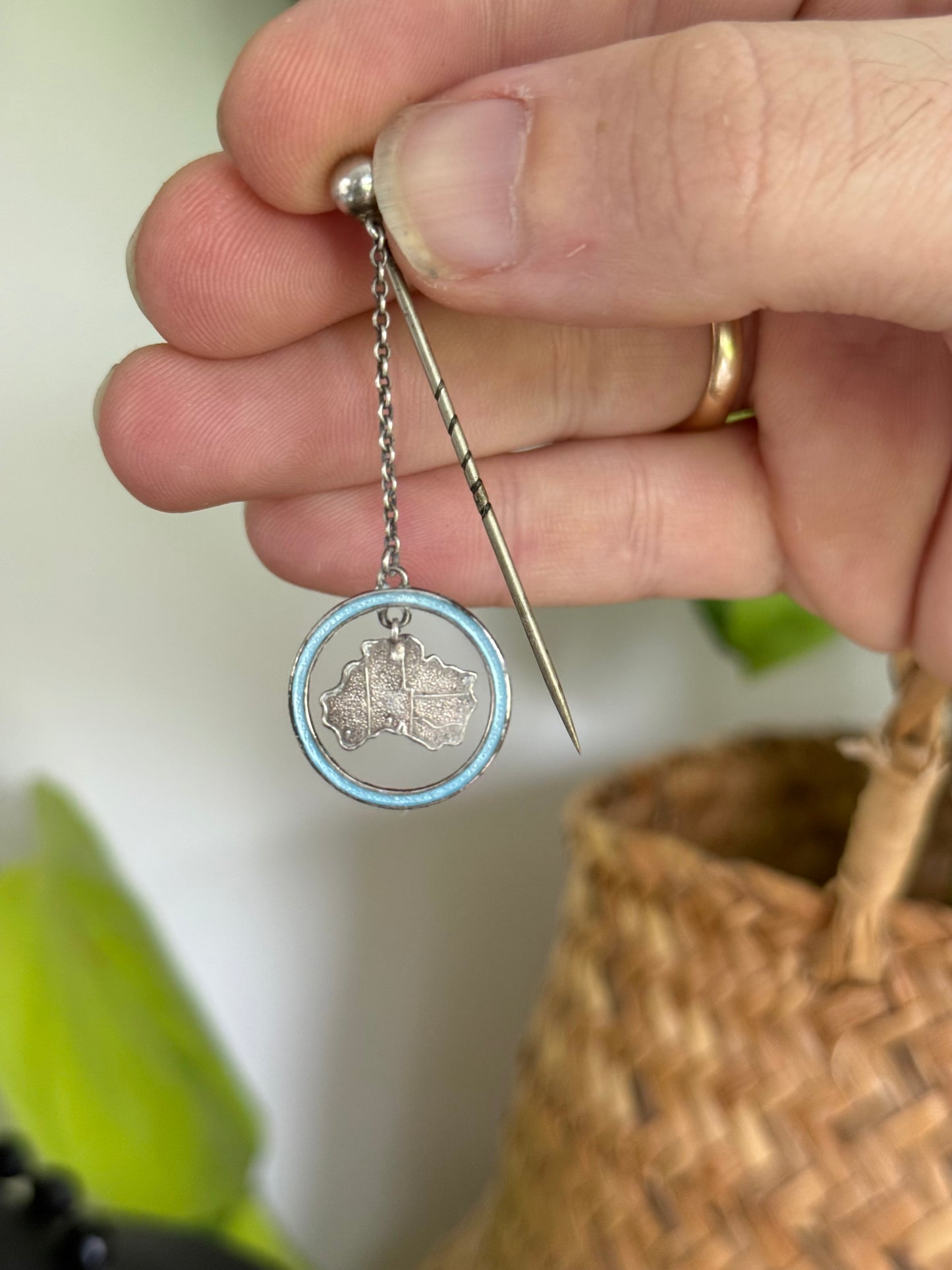 Antique Sterling Silver Australia Map Suspended Charm Pin with Blue Guilloché Enamel