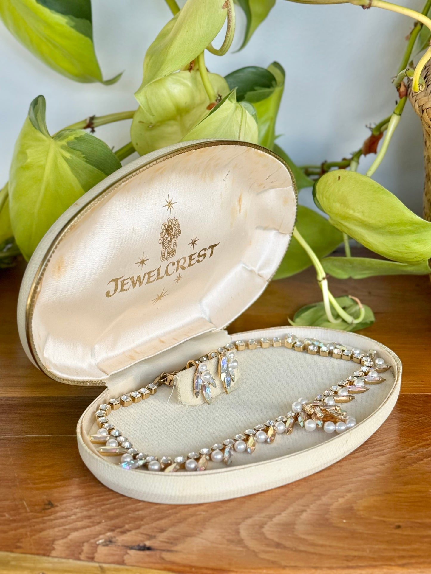 Jewelcrest Necklace & Screw-On Earrings Set | Mid-Century Australian Costume Jewellery with Paste Stones & Faux Pearls in Original Box