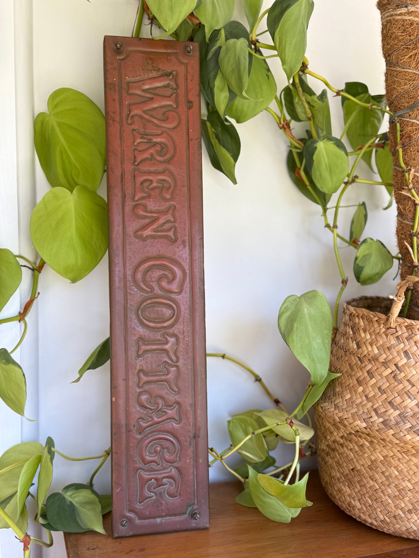 Vintage 1940s Copper House Name Plate Sign – “Wren Cottage” by G.G.