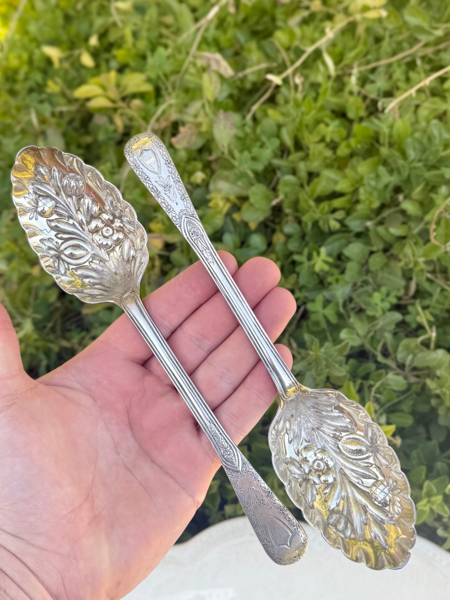Pair of Ornate Victorian Sterling Silver Berry Spoons | London 1842 by William Eaton