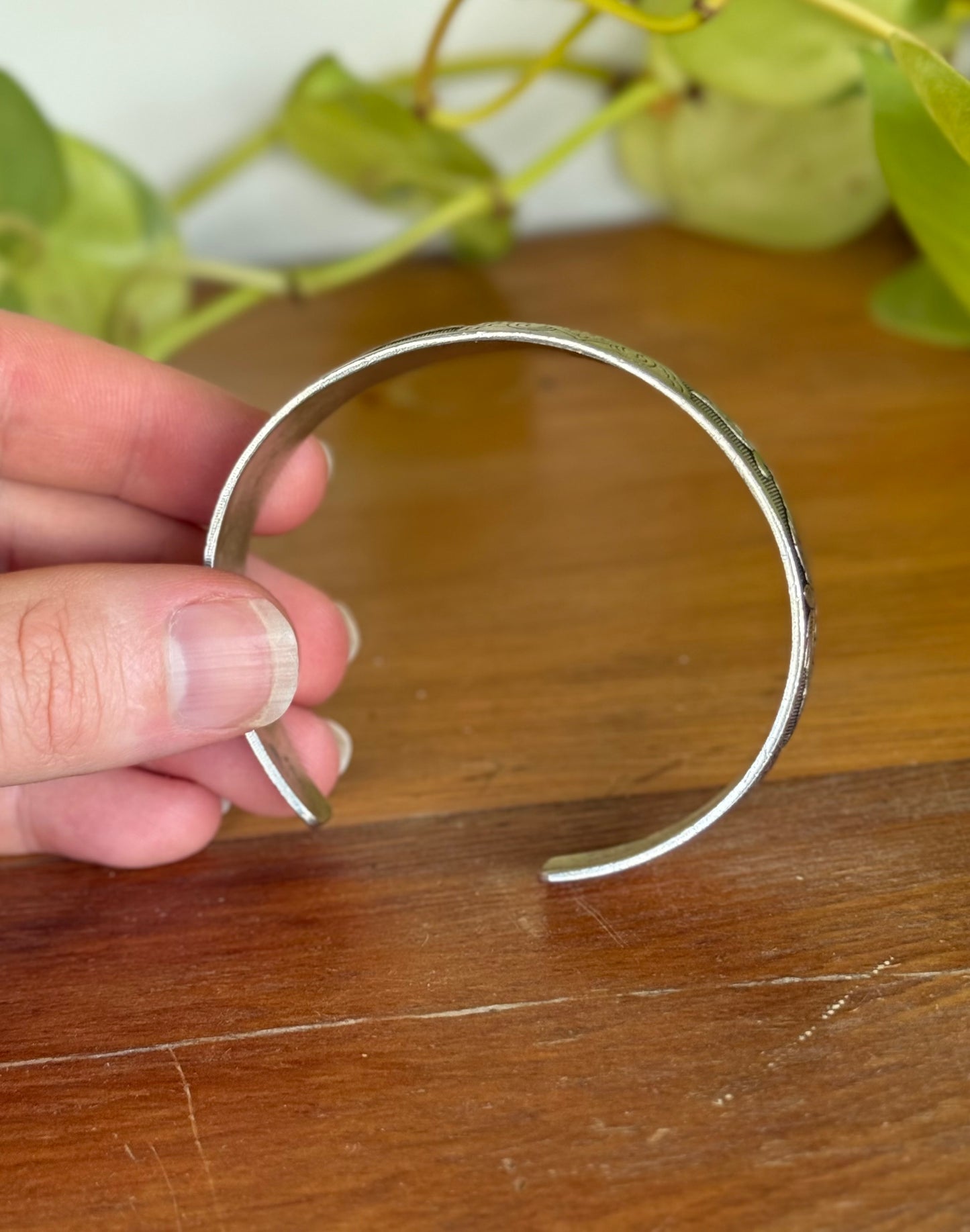 Modern Sterling Silver Chinese Bangle | Decorative Motifs | 7cm Diameter | Medium Fit