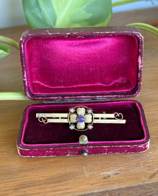 9ct Amethyst and Seed Pearl Brooch | 1900’s Taylor & Sharp, Hobart