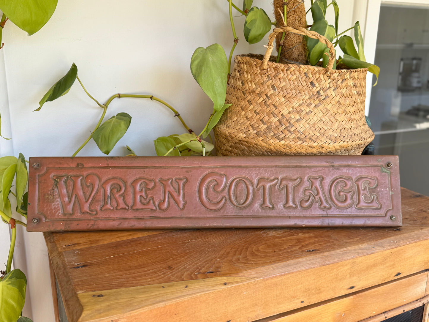 Vintage 1940s Copper House Name Plate Sign – “Wren Cottage” by G.G.