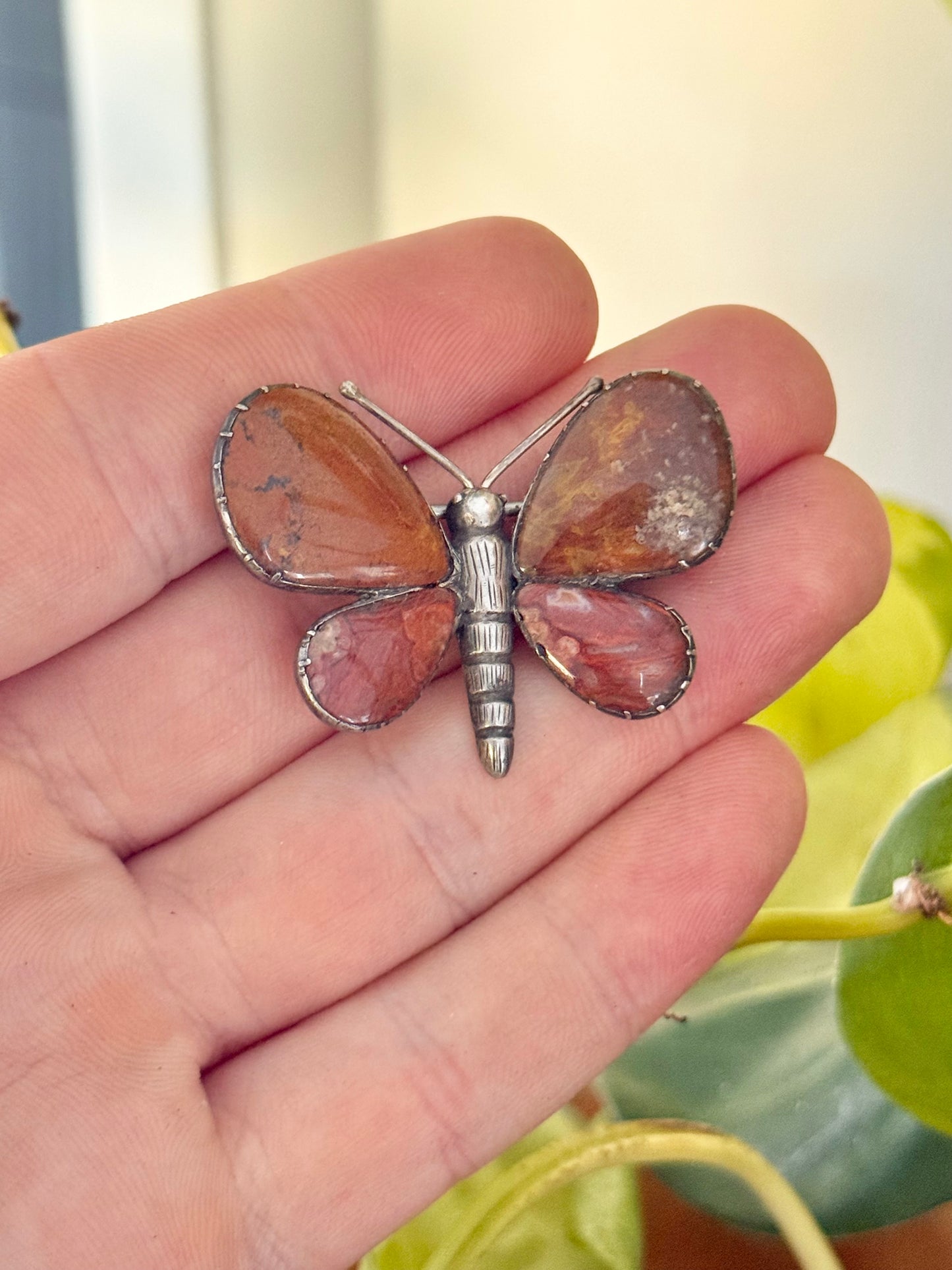 Victorian Agate Butterfly | Sterling Silver Brooch