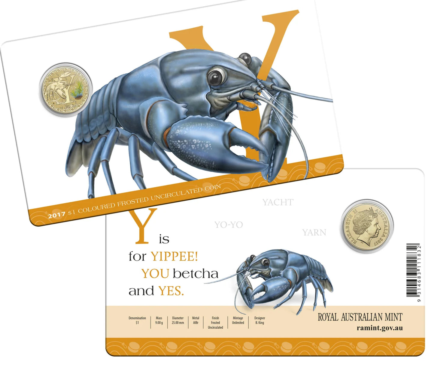 2016 Royal Australian Mint Australian Animal Alphabet 'Y' for Yabby $1 Uncirculated Coin on Card