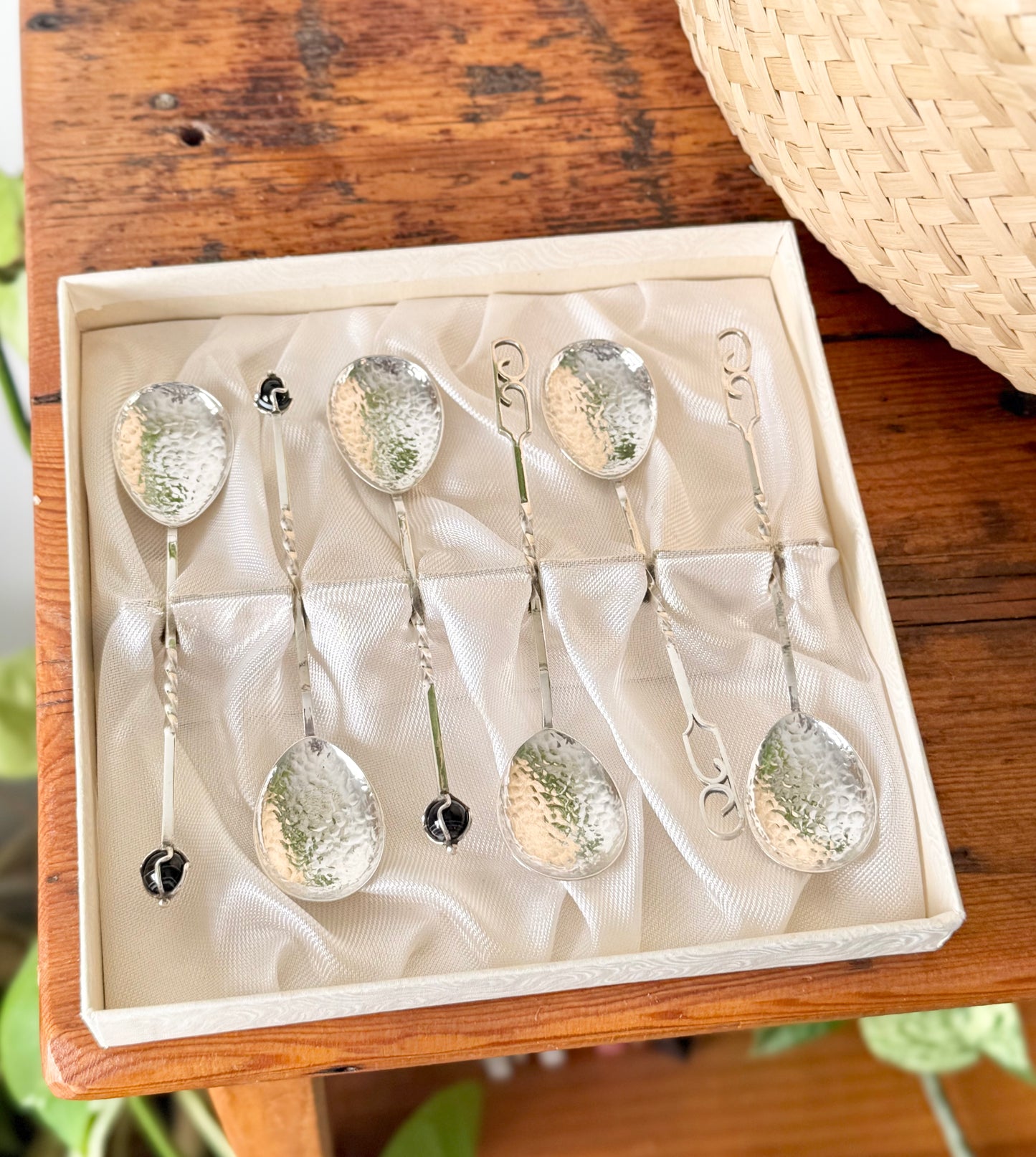 Sterling Silver Sargisons Teaspoon Set | 3 with Glass Finials, 3 with Patterned Handles – Tasmania