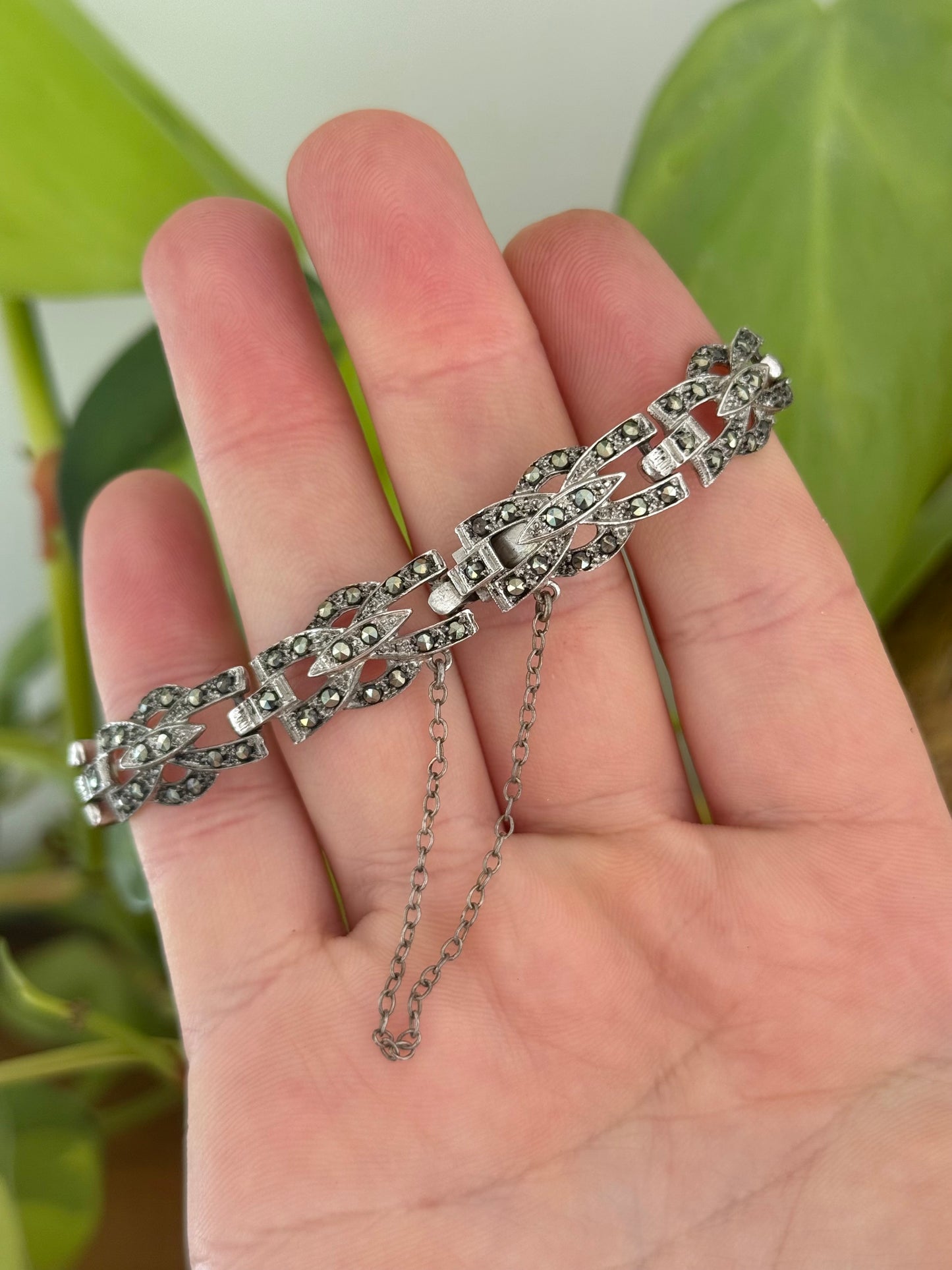 Australian Made Sterling Silver Marcasite Bracelet | Safety Chain | Stamped Links | Circa 1950s | 18cm