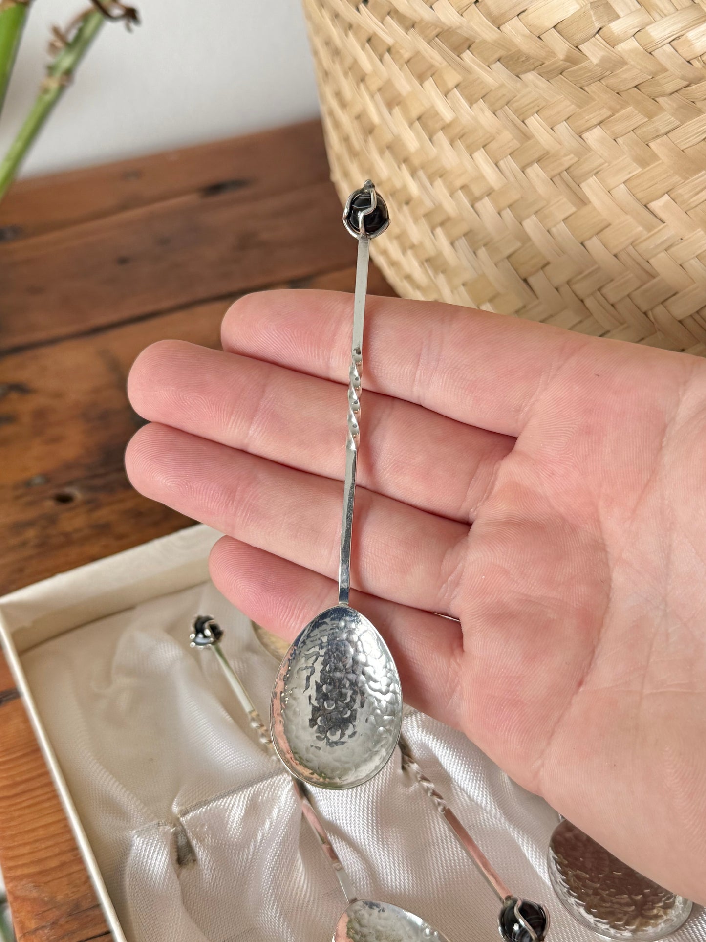 Sterling Silver Sargisons Teaspoon Set | 3 with Glass Finials, 3 with Patterned Handles – Tasmania