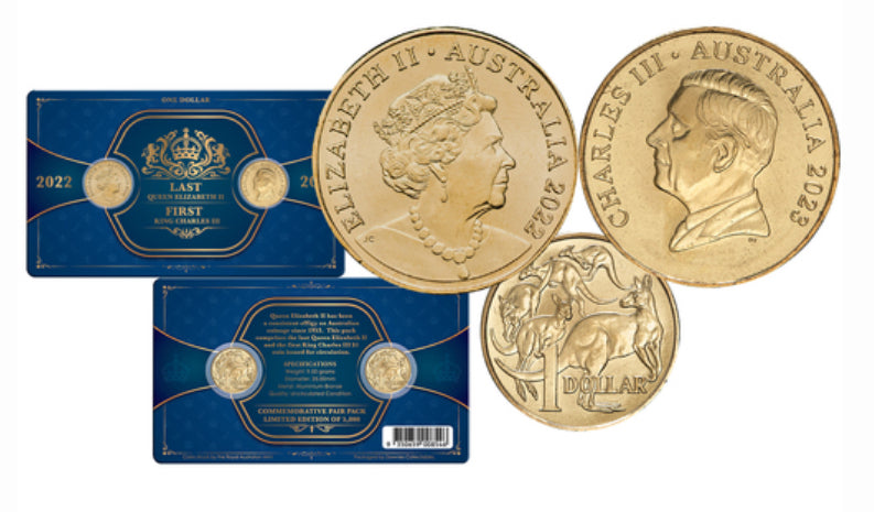 2022 & 2023 Downies Last Queen Elizabeth II & First King Charles III $1 Uncirculated 2 Coin Card