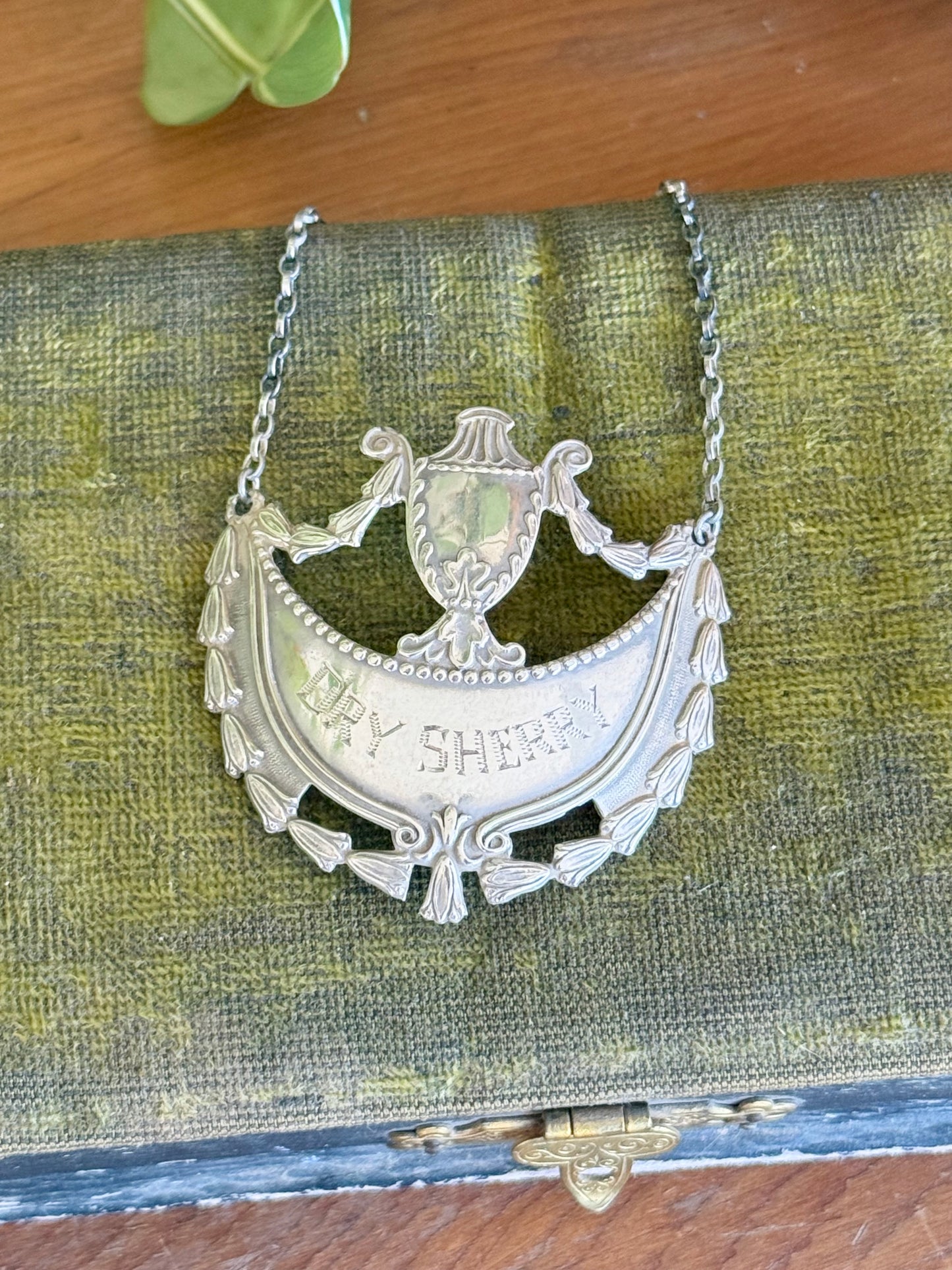 Set of engraved sterling silver bottle tags | Dry Sherry, Whiskey, Sweet Sherry