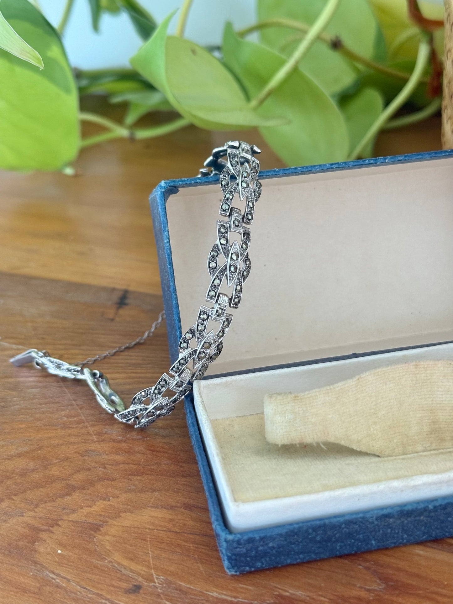 Australian Made Sterling Silver Marcasite Bracelet | Safety Chain | Stamped Links | Circa 1950s | 18cm