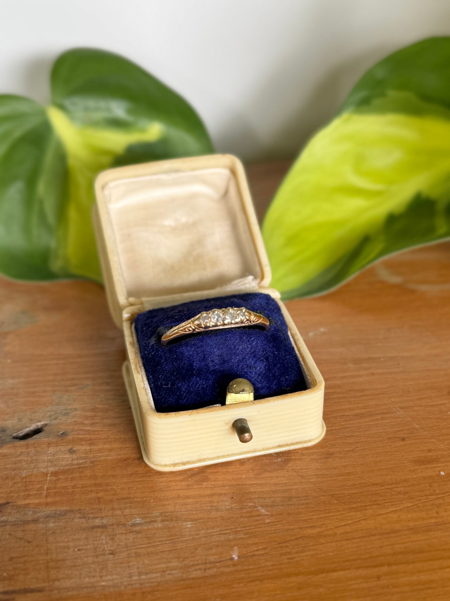 Victorian 18ct Gold Five Diamond Ring with Scroll-Engraved Setting