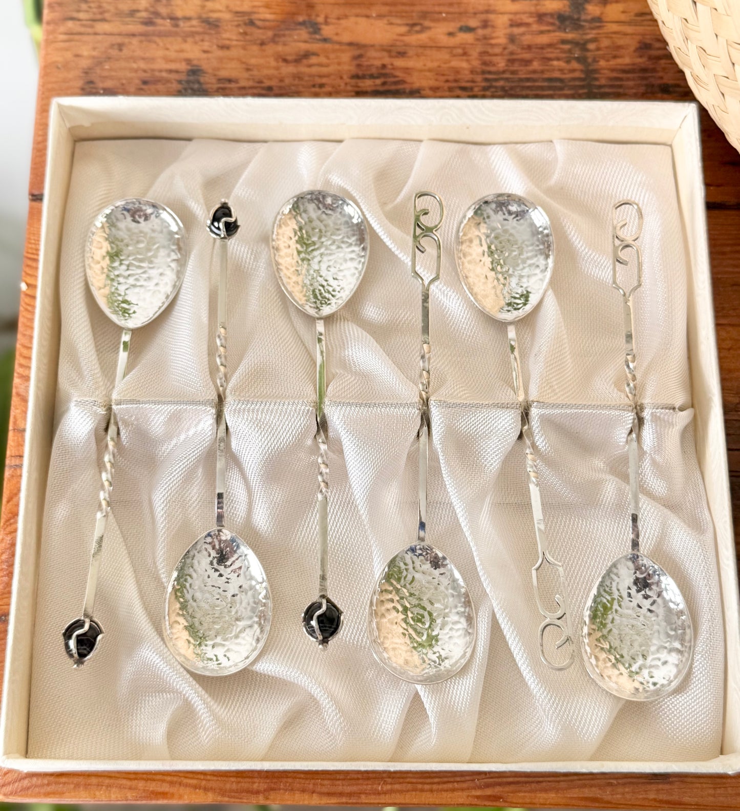 Sterling Silver Sargisons Teaspoon Set | 3 with Glass Finials, 3 with Patterned Handles – Tasmania