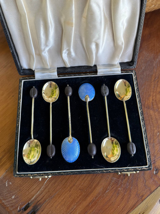 Antique Guilloché Enamel Sterling Silver Coffee Bean Spoon Set | Birmingham 1940
