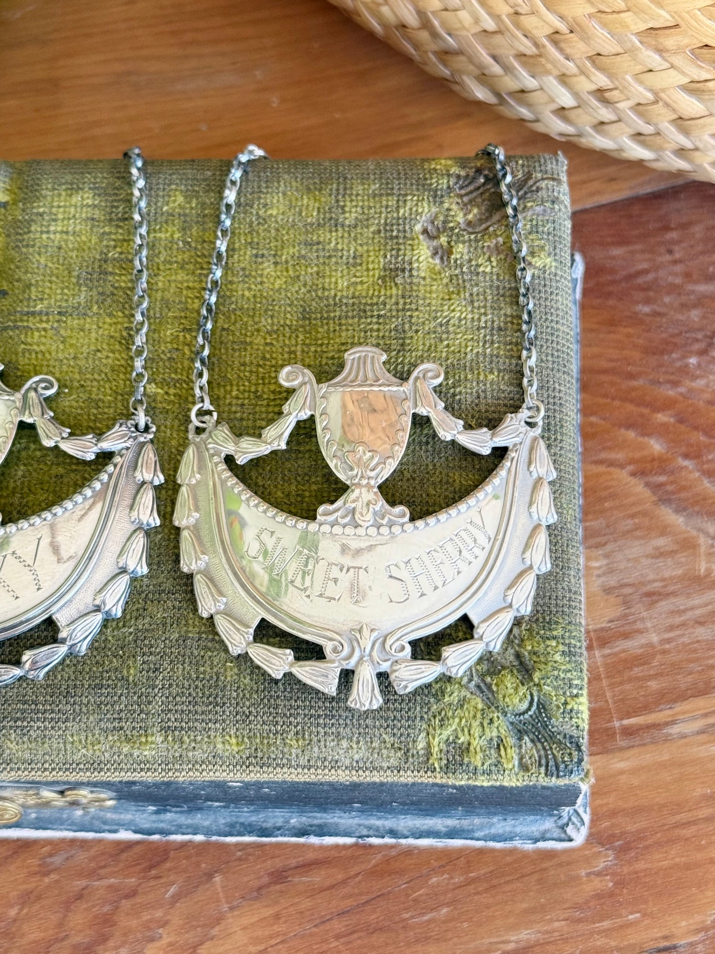 Set of engraved sterling silver bottle tags | Dry Sherry, Whiskey, Sweet Sherry
