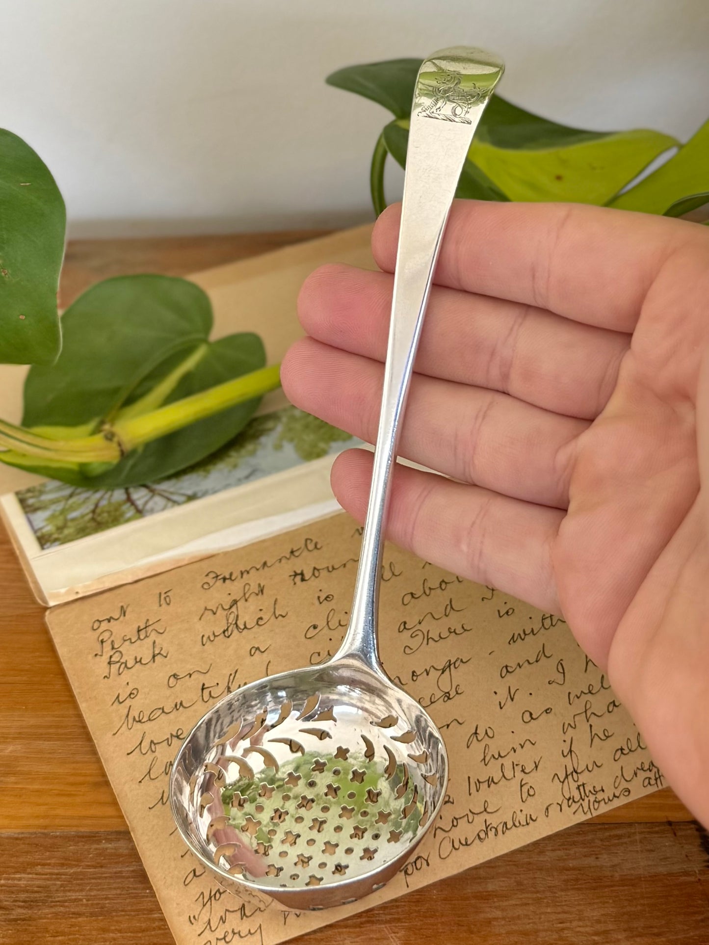 Georgian Sterling Silver Sugar Sifter Spoon with Heraldic Sea-Lion Crest – London 1785