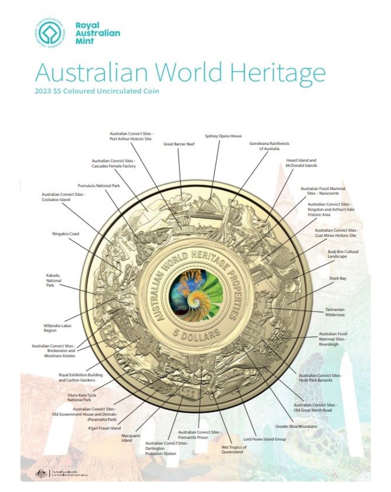 2023 Australian World Heritage Properties $5 Coloured Frosted Uncirculated Coin | AlBr | RAM