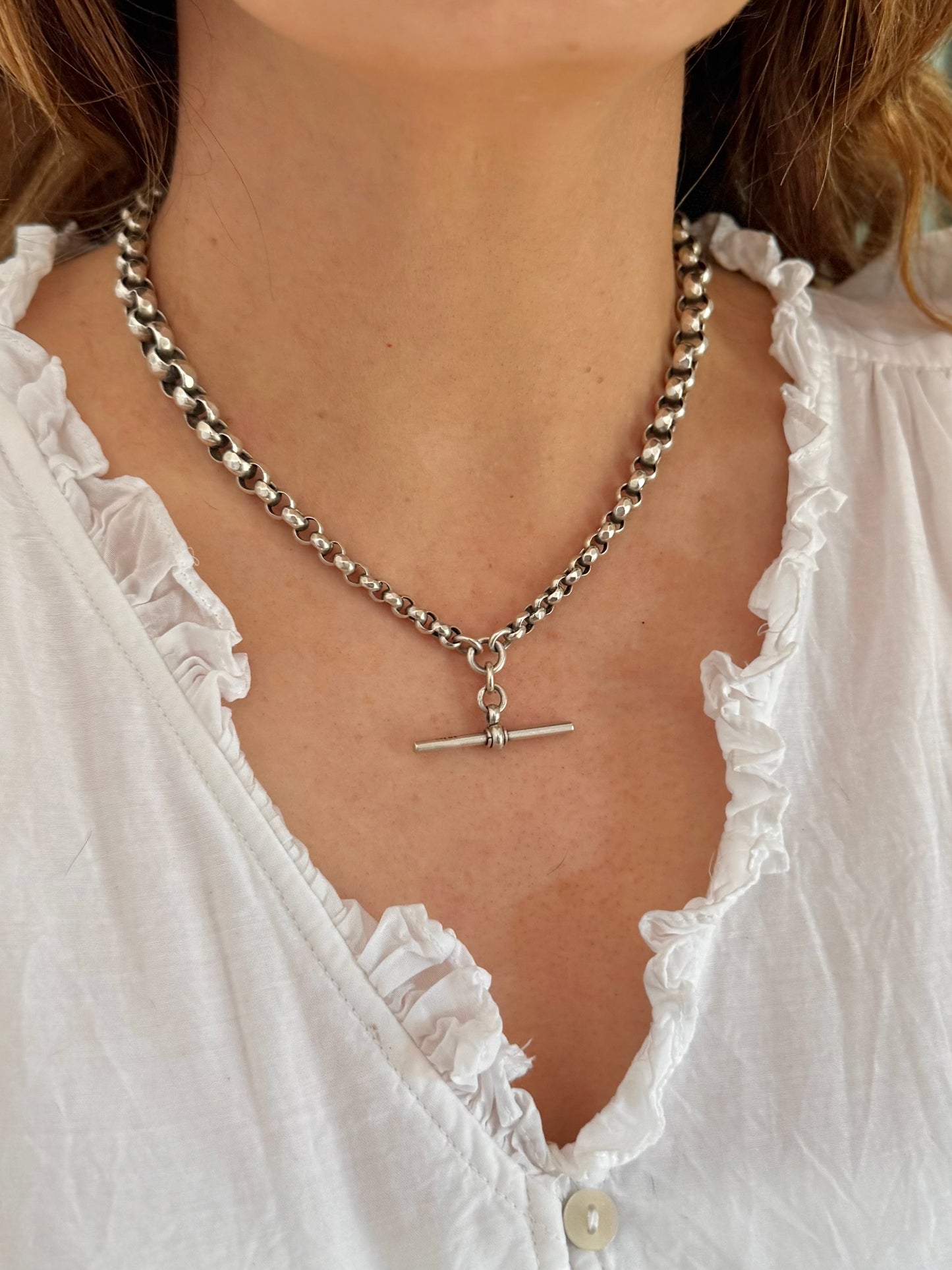 Antique Sterling Silver Graduated Faceted Belcher Fob Chain c1900