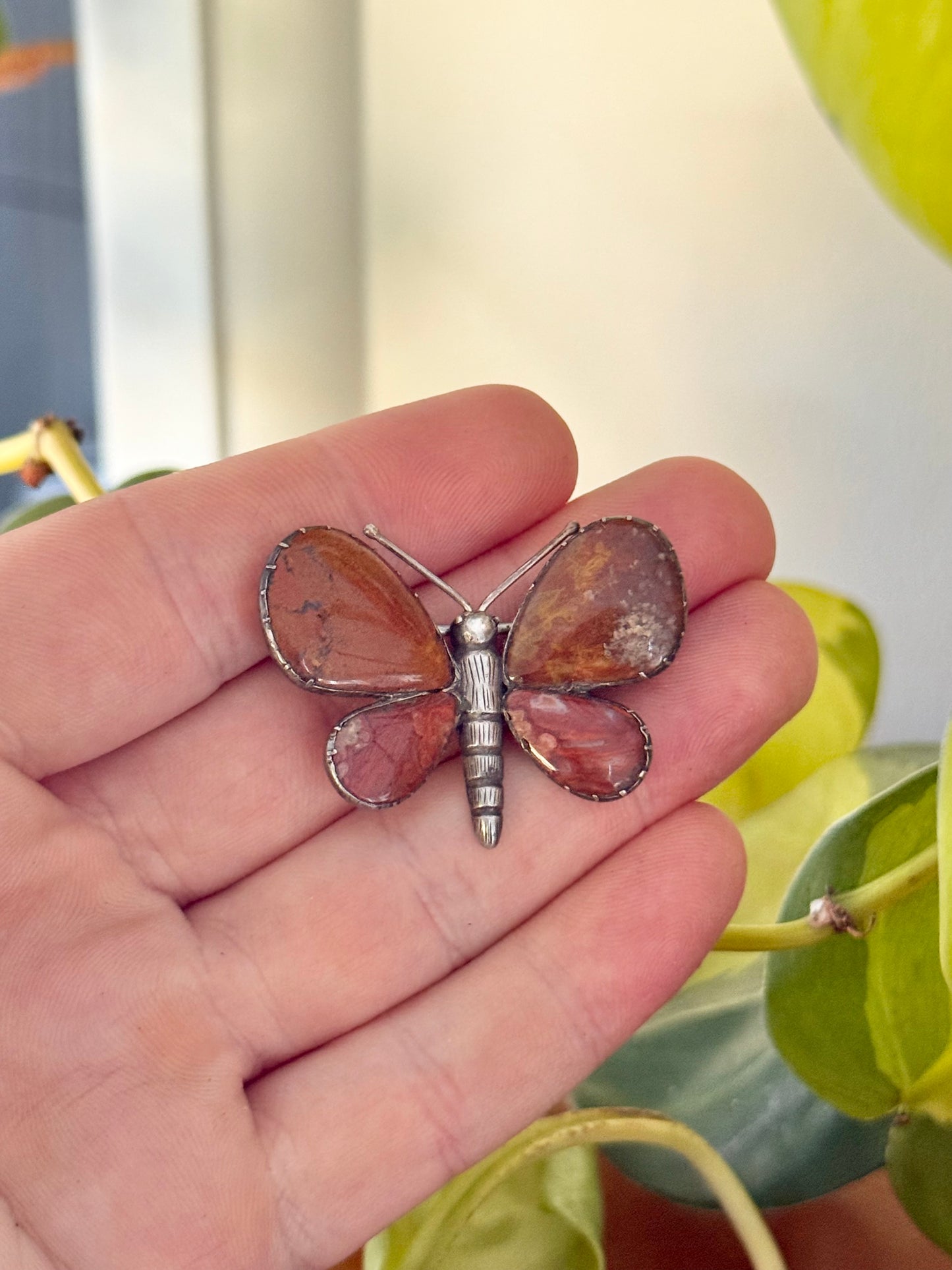 Victorian Agate Butterfly | Sterling Silver Brooch