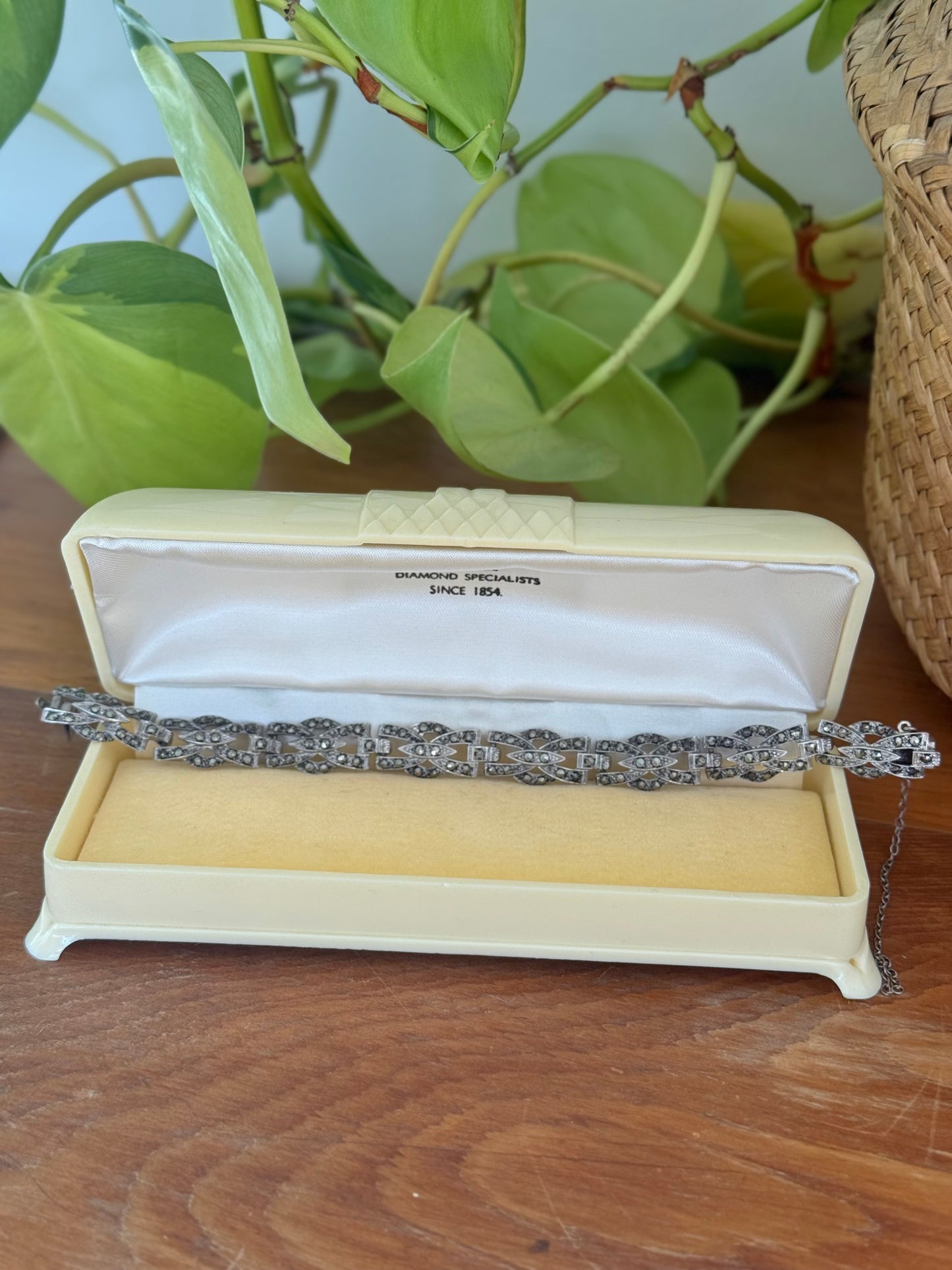 Australian Made Sterling Silver Marcasite Bracelet | Safety Chain | Stamped Links | Circa 1950s | 18cm