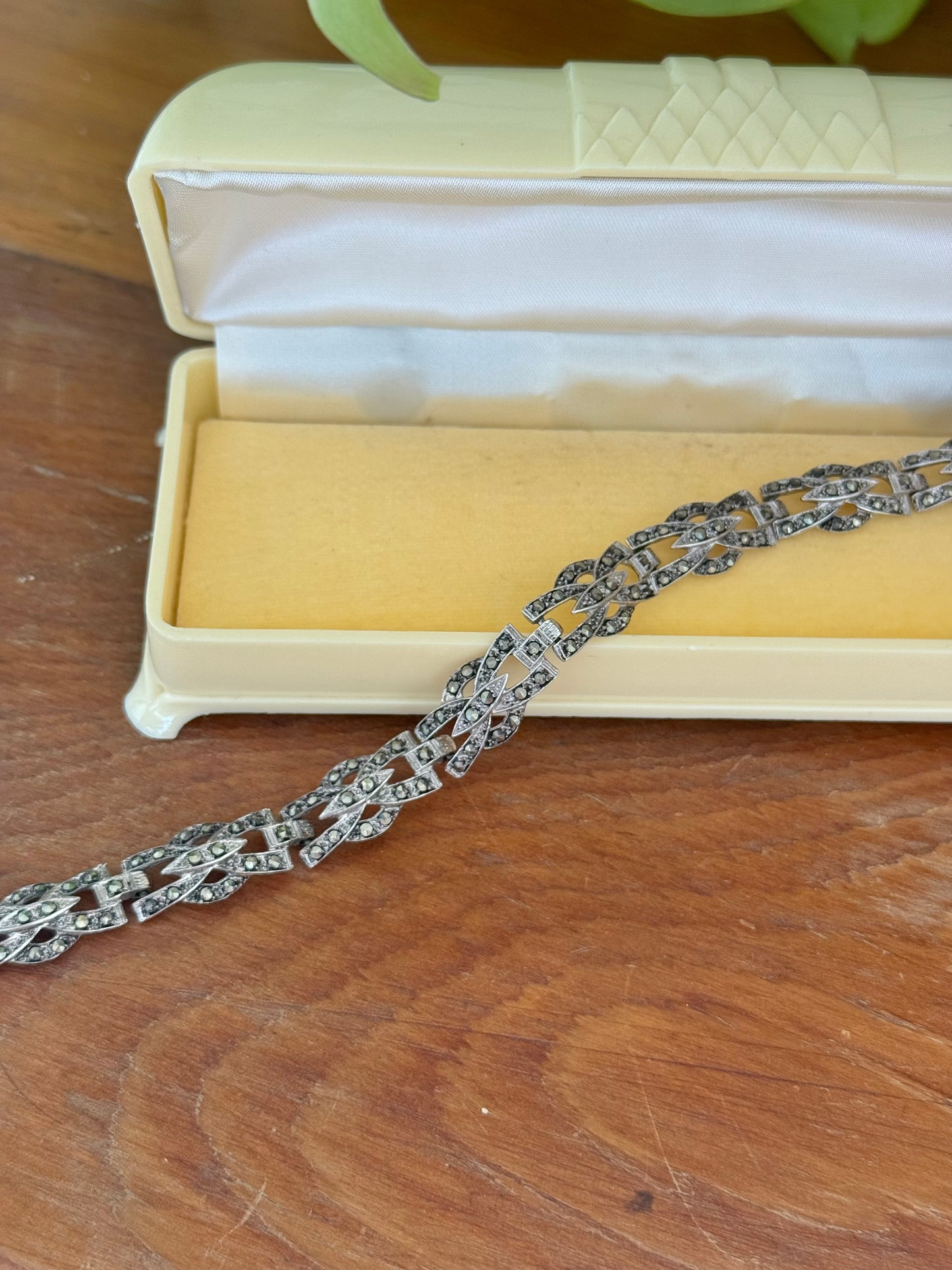 Australian Made Sterling Silver Marcasite Bracelet | Safety Chain | Stamped Links | Circa 1950s | 18cm