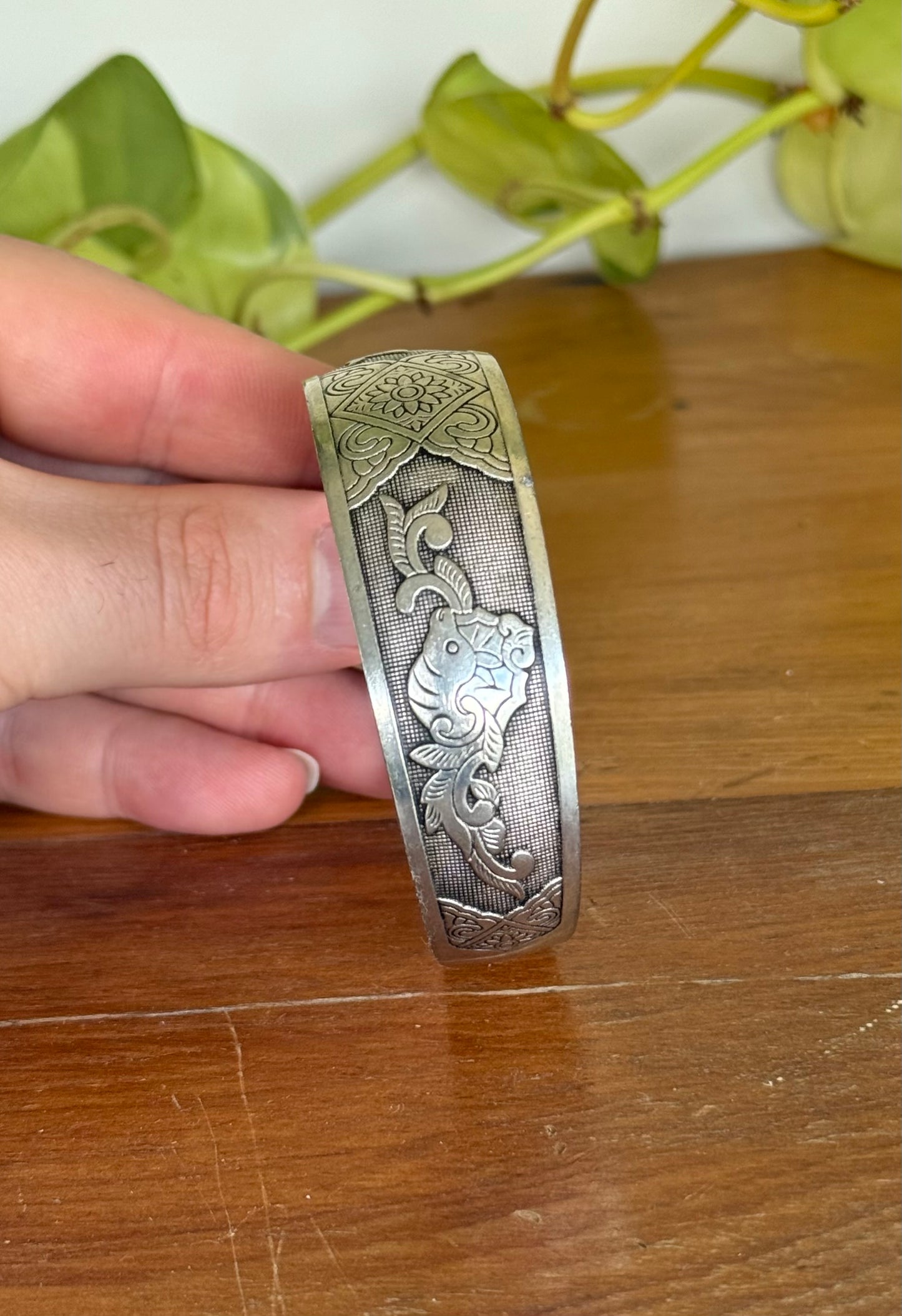 Modern Sterling Silver Chinese Bangle | Decorative Motifs | 7cm Diameter | Medium Fit