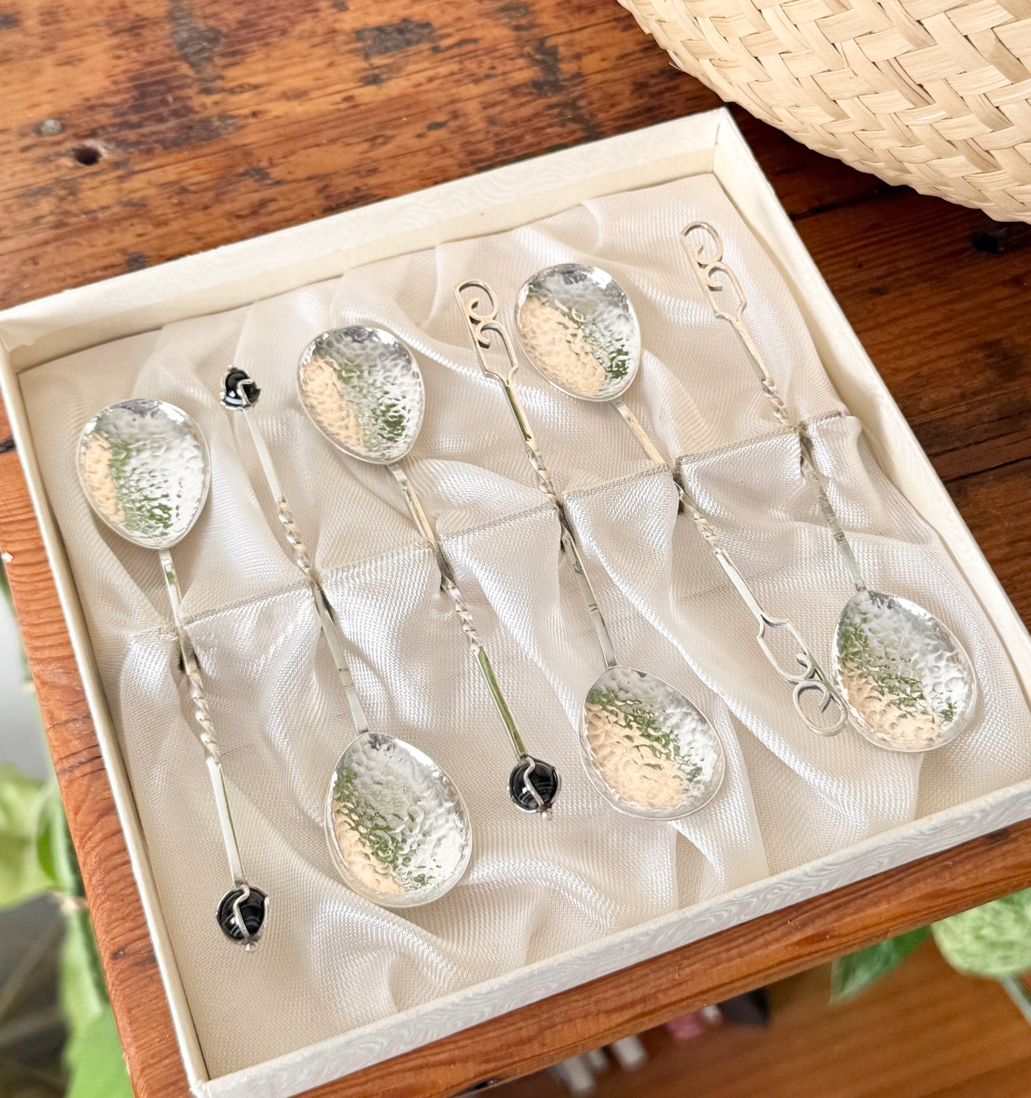 Sterling Silver Sargisons Teaspoon Set | 3 with Glass Finials, 3 with Patterned Handles – Tasmania