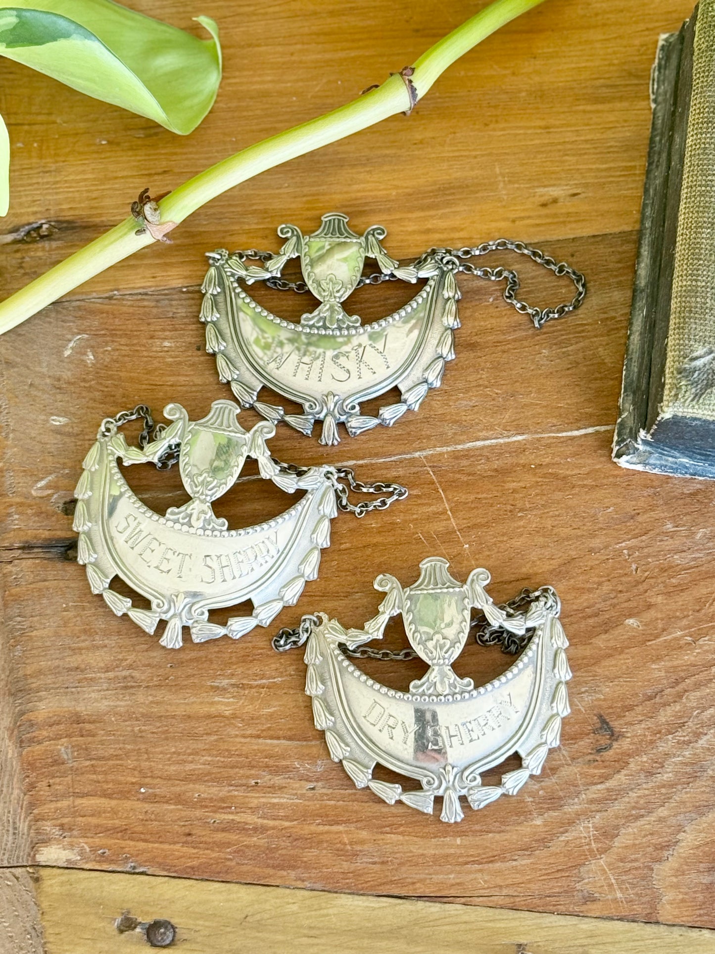 Set of engraved sterling silver bottle tags | Dry Sherry, Whiskey, Sweet Sherry