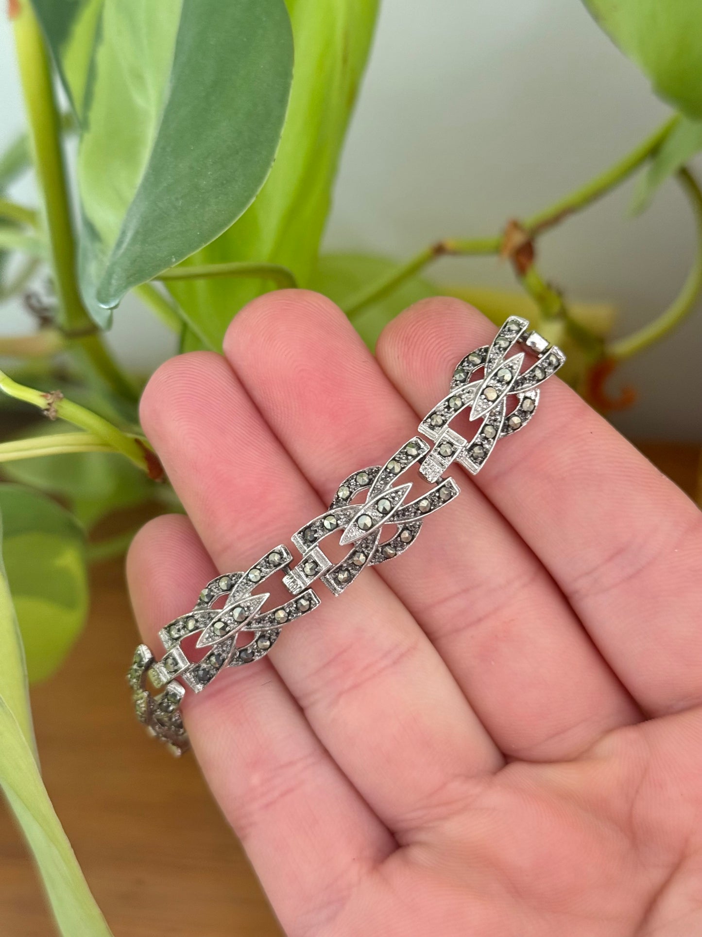Australian Made Sterling Silver Marcasite Bracelet | Safety Chain | Stamped Links | Circa 1950s | 18cm