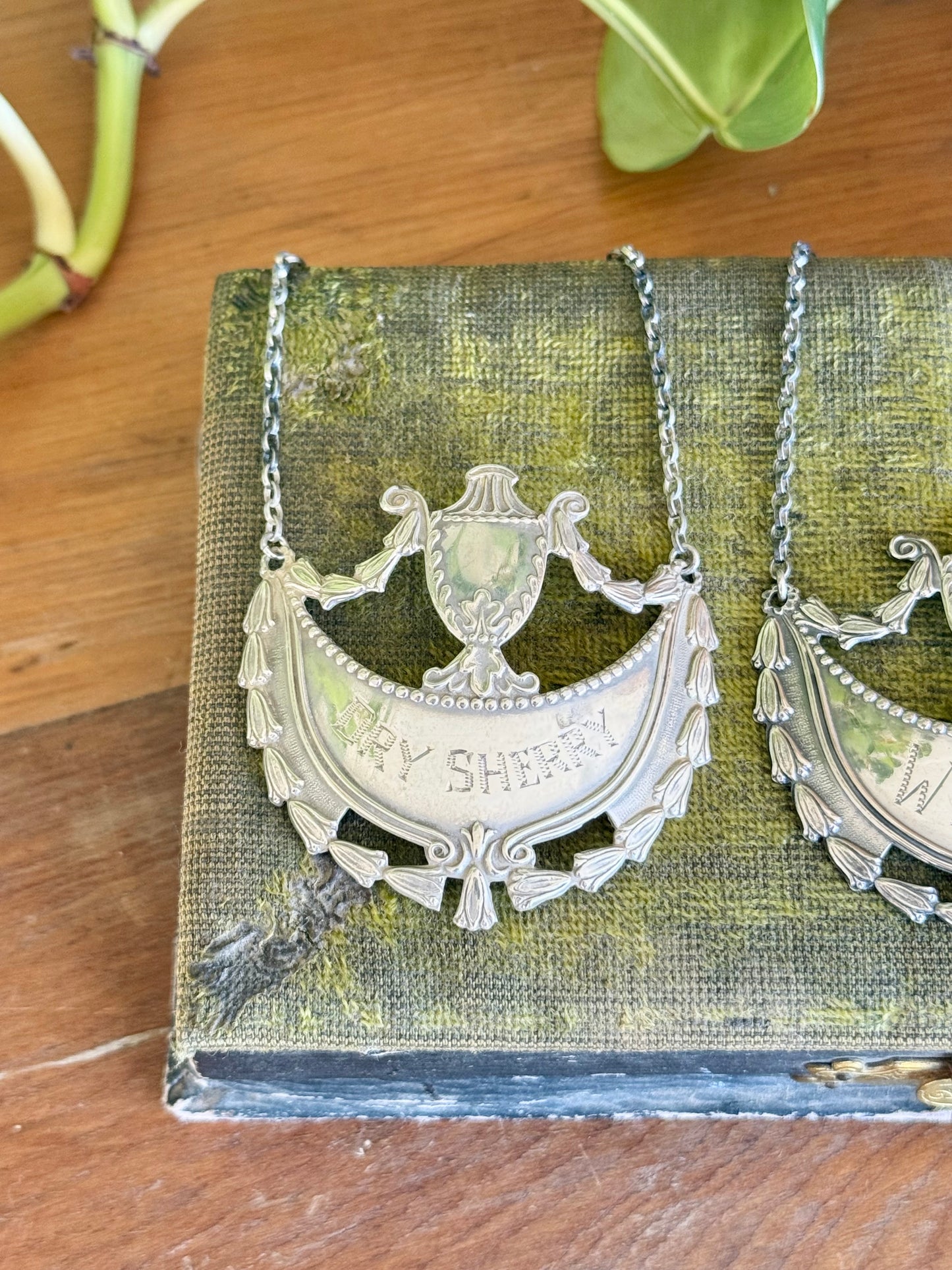 Set of engraved sterling silver bottle tags | Dry Sherry, Whiskey, Sweet Sherry