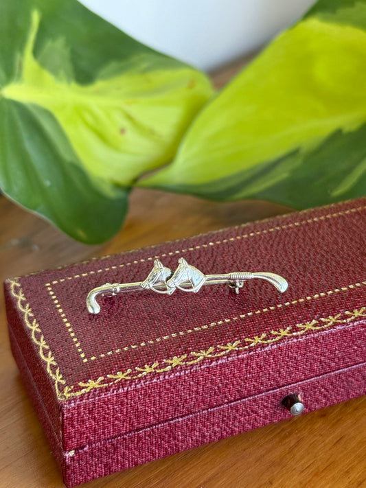 Vintage Sterling Silver Double Horse Head & Whip Brooch