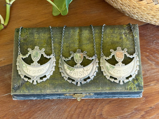 Set of engraved sterling silver bottle tags | Dry Sherry, Whiskey, Sweet Sherry