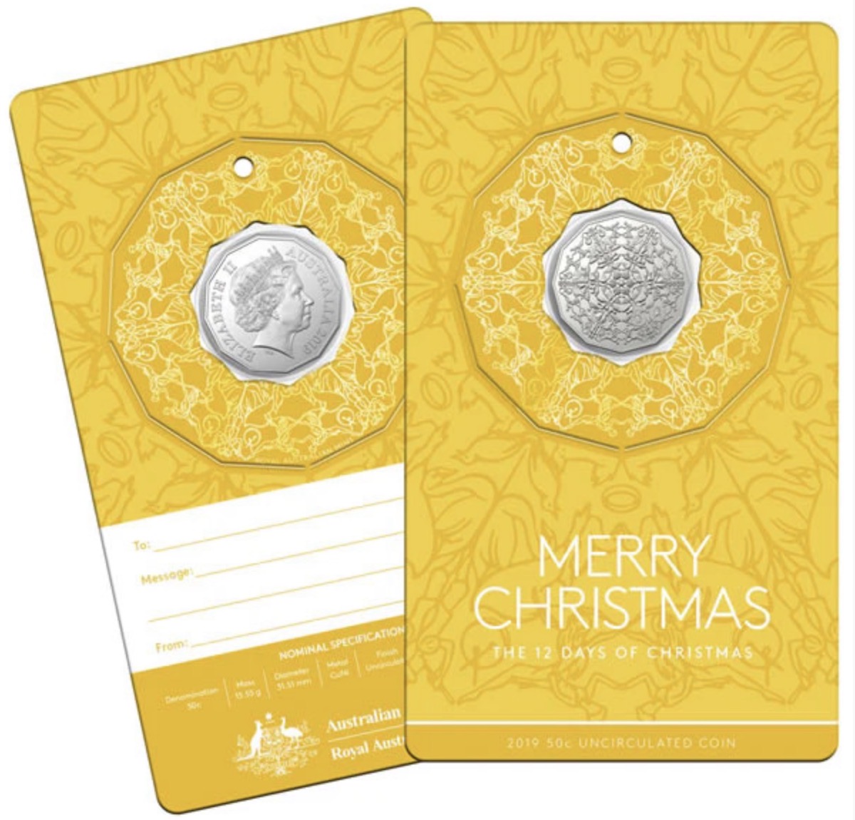 2019 Royal Australian Mint 12 Days of Christmas 5 Coin 50 Cent Set