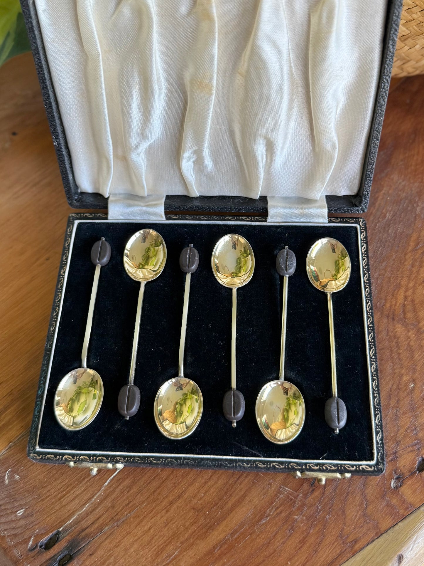 Antique Guilloché Enamel Sterling Silver Coffee Bean Spoon Set | Birmingham 1940