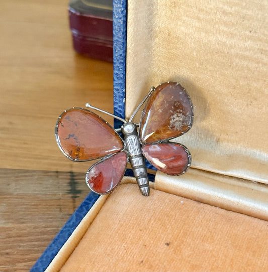 Victorian Agate Butterfly | Sterling Silver Brooch