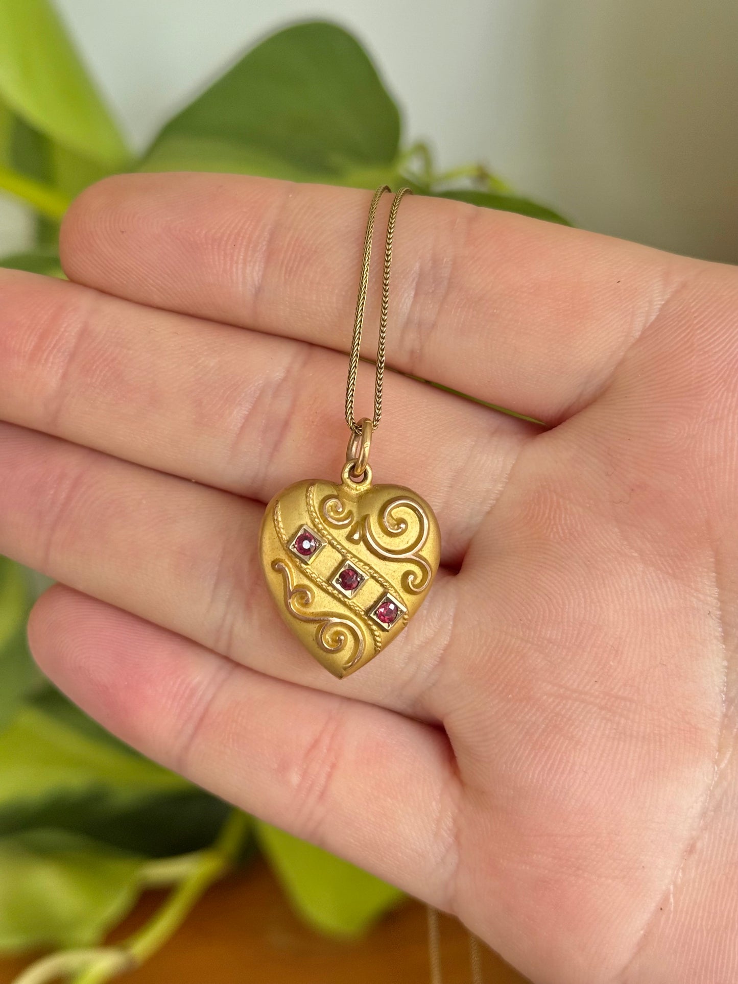 Antique Australian 9ct Bloomed Gold Heart Pendant with Rubies on Original Chain | Robert Rollason & Co. Ltd