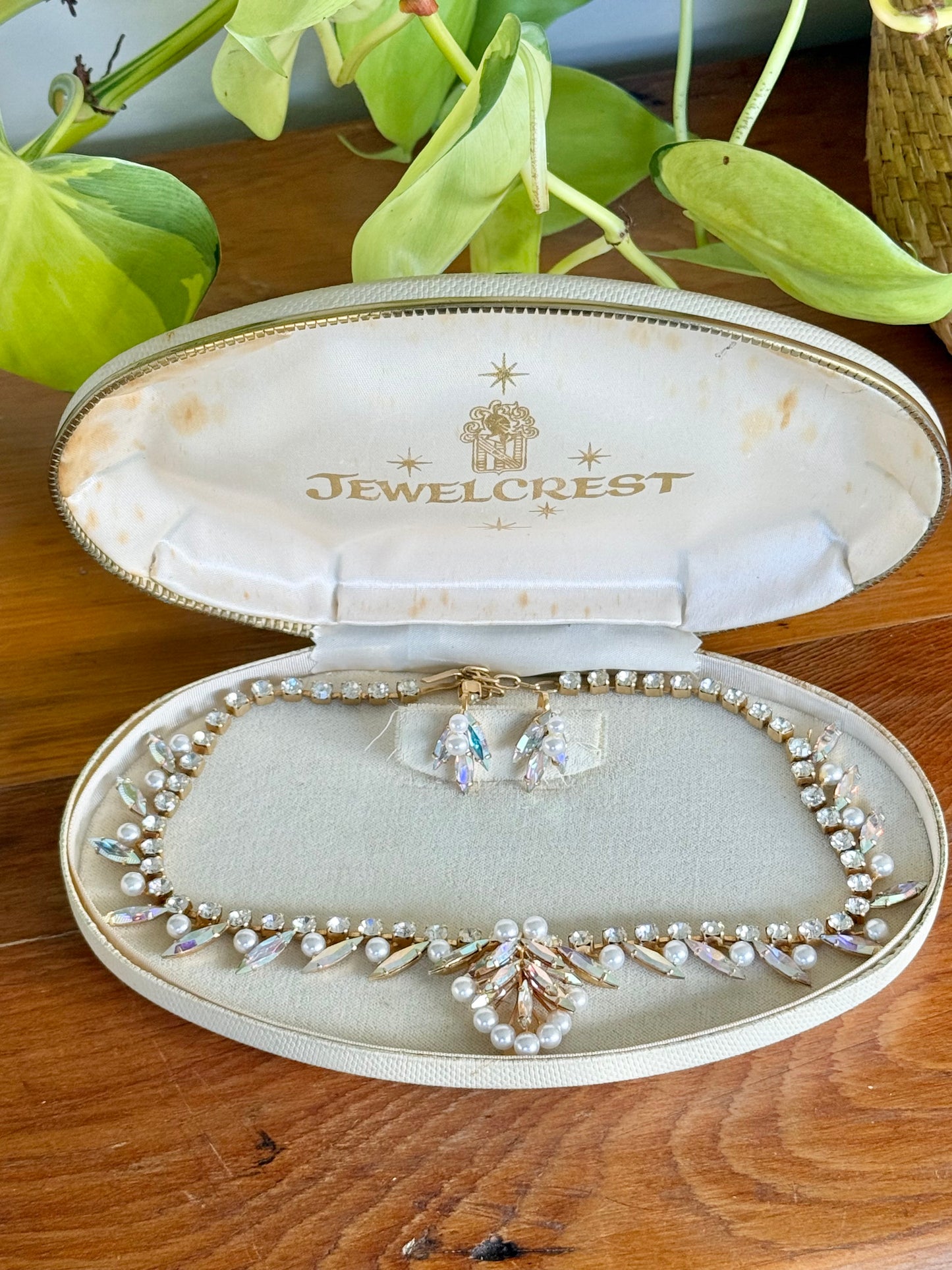 Jewelcrest Necklace & Screw-On Earrings Set | Mid-Century Australian Costume Jewellery with Paste Stones & Faux Pearls in Original Box