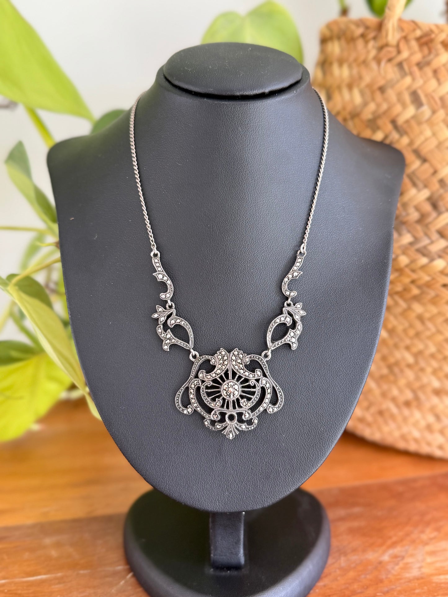 Lega Sterling Silver Marcasite Pendant | Circa 1950’s | 47cm Barrel Clasp Chain | Australian