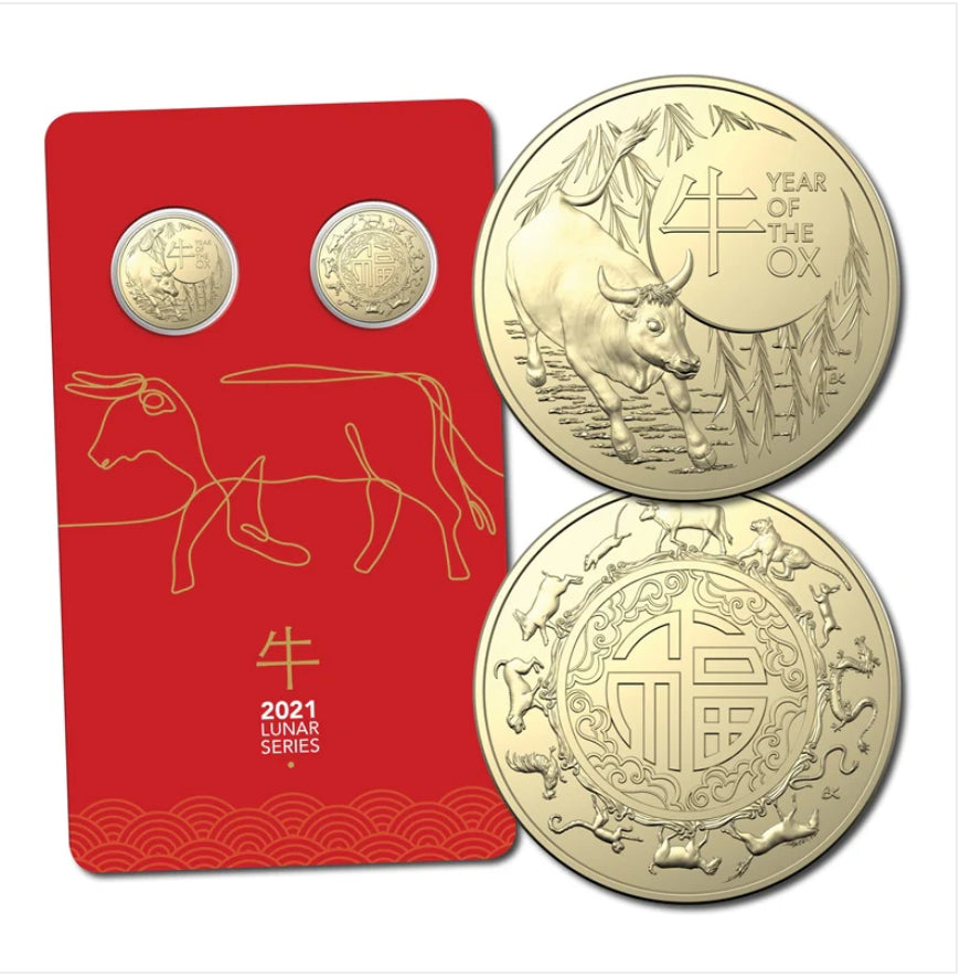 2021 Lunar Series Year of the Ox Two $1 Coin Set on Card | Royal Australian Mint