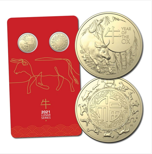 2021 Lunar Series Year of the Ox Two $1 Coin Set on Card | Royal Australian Mint