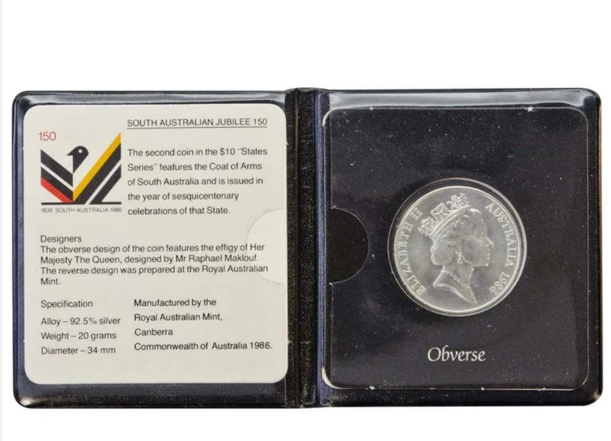 1986 South Australian Jubilee 150 $10 Silver Proof Coin