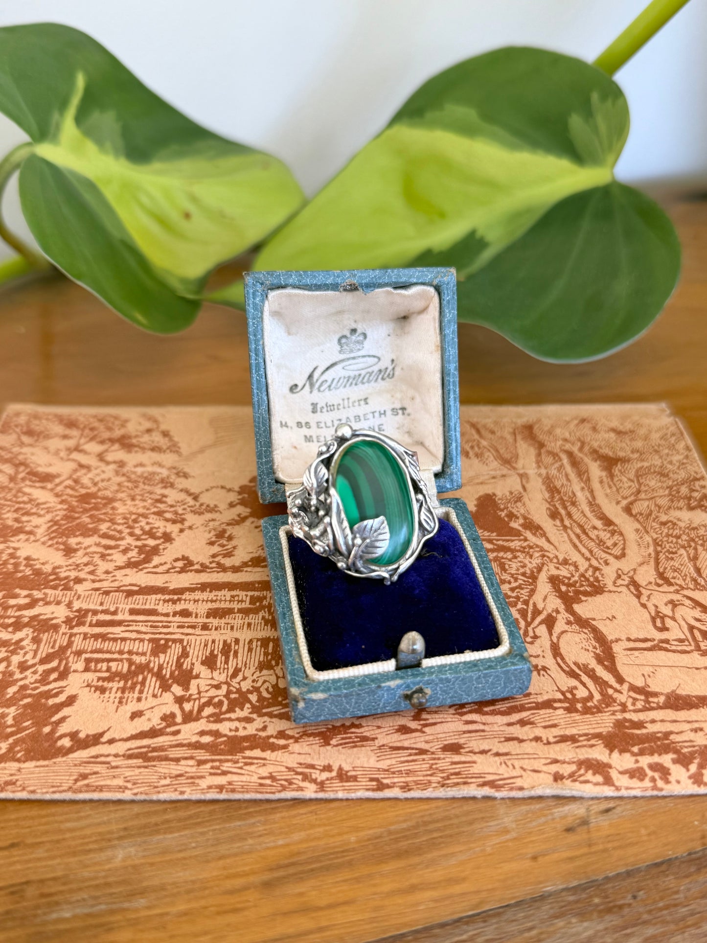 Art Nouveau Style Malachite Floral Ring in Sterling Silver – Size R