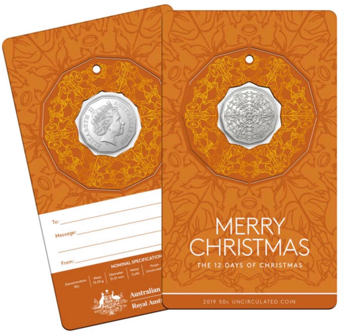2019 Royal Australian Mint 12 Days of Christmas 5 Coin 50 Cent Set