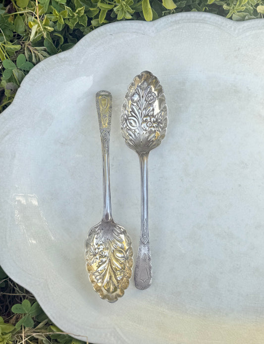 Pair of Ornate Victorian Sterling Silver Berry Spoons | London 1842 by William Eaton