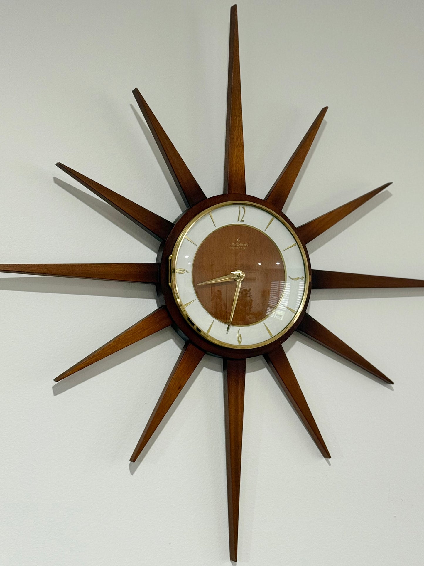 Junghans Mid-Century Starburst Wall Clock | 65cm Teak & Brass, Quartz Movement
